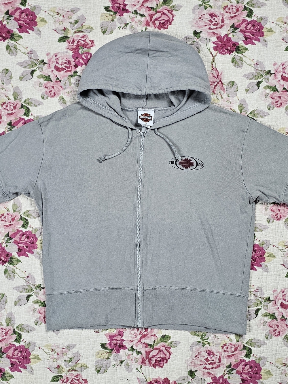Vintage Harley-Davidson Gray Short Sleeve Graphic Full Zip Hooded Hoodie Chicago